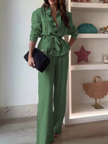 Women's Linen Blend Two Piece Set Belted Button Front Jacket and Wide Leg Pants Elegant Casual Matching Outfit