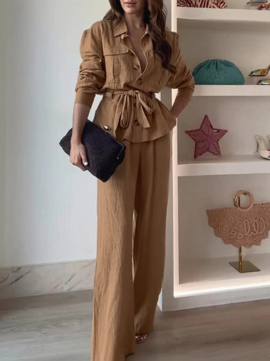 Women's Linen Blend Two Piece Set Belted Button Front Jacket and Wide Leg Pants Elegant Casual Matching Outfit - Seldom Seen Styles