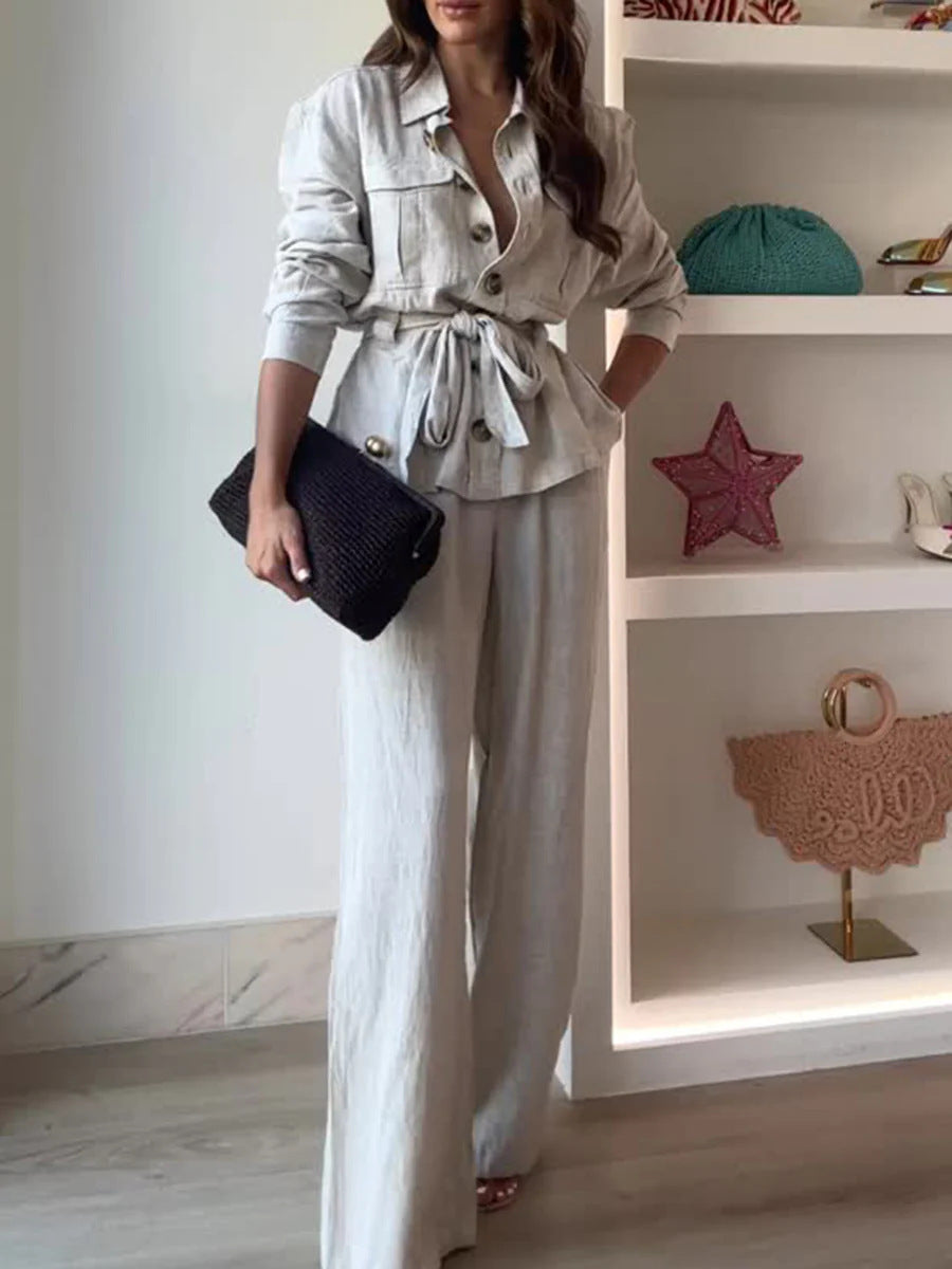 Women's Linen Blend Two Piece Set Belted Button Front Jacket and Wide Leg Pants Elegant Casual Matching Outfit - Seldom Seen Styles