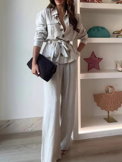 Women's Linen Blend Two Piece Set Belted Button Front Jacket and Wide Leg Pants Elegant Casual Matching Outfit