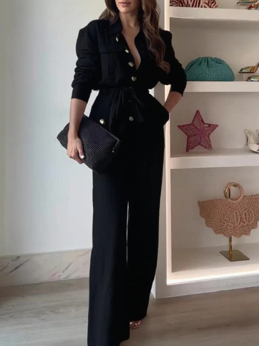 Women's Linen Blend Two Piece Set Belted Button Front Jacket and Wide Leg Pants Elegant Casual Matching Outfit - Seldom Seen Styles