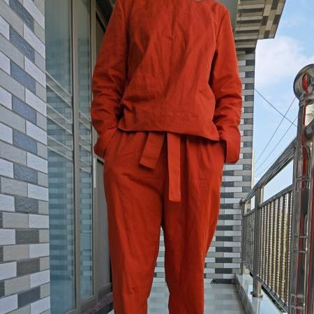 Women's Linen Blend Two Piece Set Long Sleeve Top and Drawstring Pants Relaxed Casual Matching Outfit - Seldom Seen Styles