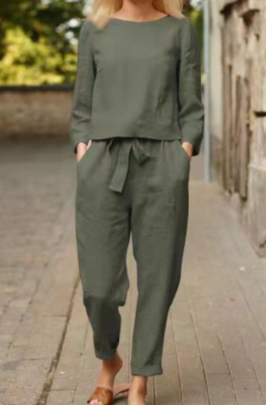 Women's Linen Blend Two Piece Set Long Sleeve Top and Drawstring Pants Relaxed Casual Matching Outfit