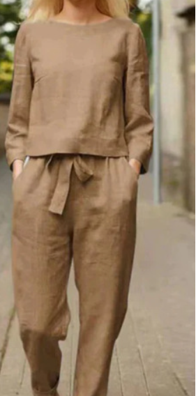 Women's Linen Blend Two Piece Set Long Sleeve Top and Drawstring Pants Relaxed Casual Matching Outfit - Seldom Seen Styles
