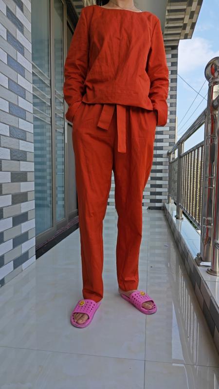 Women's Linen Blend Two Piece Set Long Sleeve Top and Drawstring Pants Relaxed Casual Matching Outfit - Seldom Seen Styles