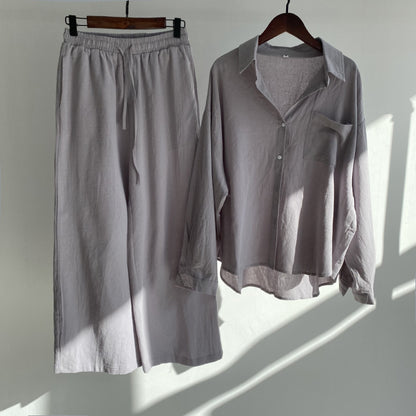 Women's Linen Blend Two Piece Set Oversized Button Down Shirt and Wide Leg Pants Relaxed Casual Matching Outfit
