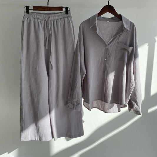 Women's Linen Blend Two Piece Set Oversized Button Down Shirt and Wide Leg Pants Relaxed Casual Matching Outfit - Seldom Seen Styles