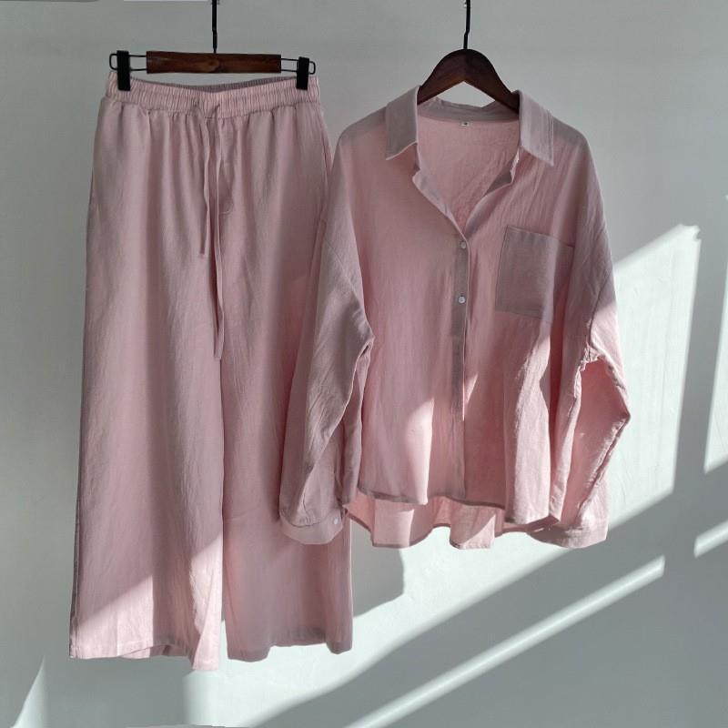Women's Linen Blend Two Piece Set Oversized Button Down Shirt and Wide Leg Pants Relaxed Casual Matching Outfit - Seldom Seen Styles