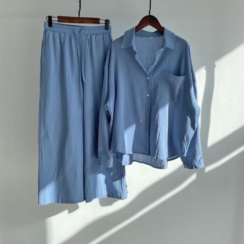 Women's Linen Blend Two Piece Set Oversized Button Down Shirt and Wide Leg Pants Relaxed Casual Matching Outfit - Seldom Seen Styles