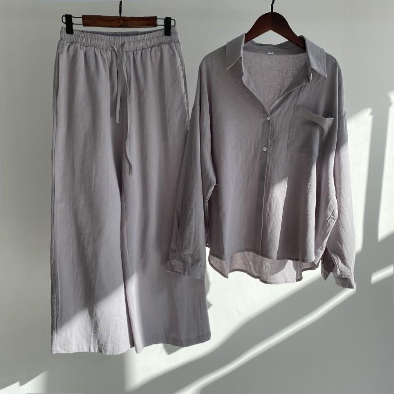 Women's Linen Blend Two Piece Set Oversized Button Down Shirt and Wide Leg Pants Relaxed Casual Matching Outfit - Seldom Seen Styles