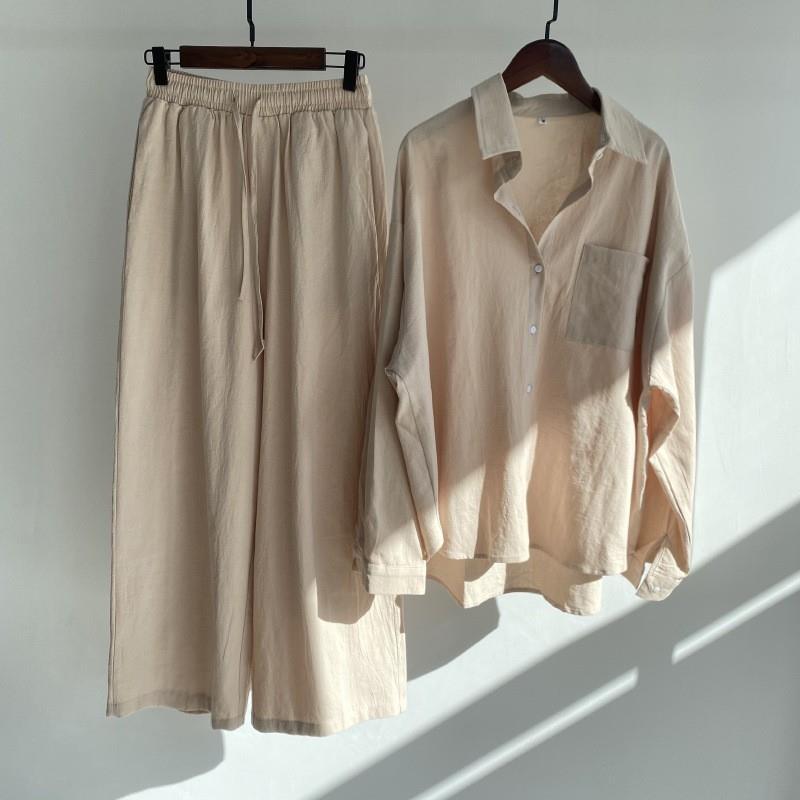 Women's Linen Blend Two Piece Set Oversized Button Down Shirt and Wide Leg Pants Relaxed Casual Matching Outfit - Seldom Seen Styles