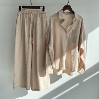 Women's Linen Blend Two Piece Set Oversized Button Down Shirt and Wide Leg Pants Relaxed Casual Matching Outfit