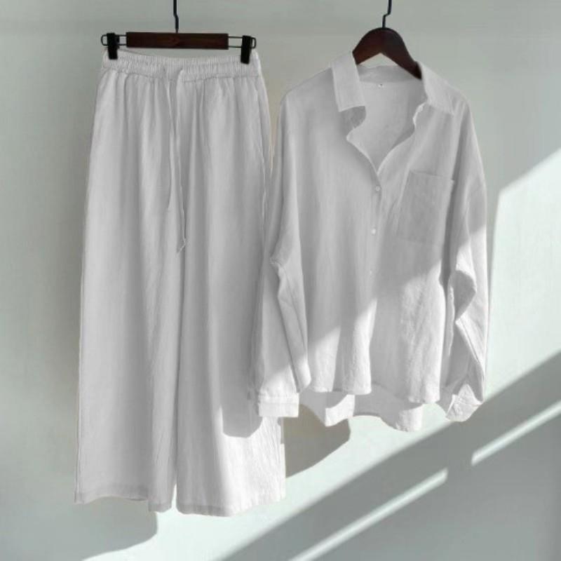 Women's Linen Blend Two Piece Set Oversized Button Down Shirt and Wide Leg Pants Relaxed Casual Matching Outfit - Seldom Seen Styles
