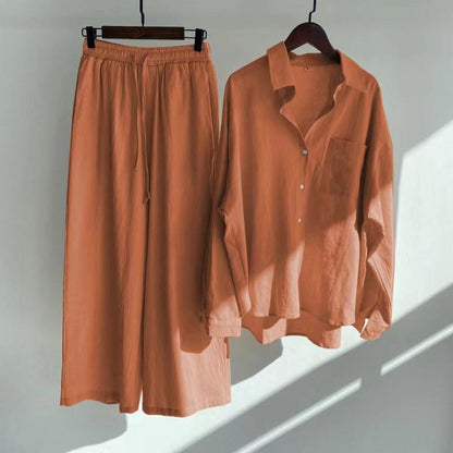 Women's Linen Blend Two Piece Set Oversized Button Down Shirt and Wide Leg Pants Relaxed Casual Matching Outfit