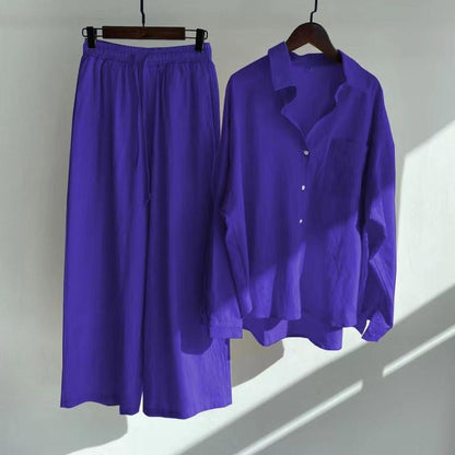 Women's Linen Blend Two Piece Set Oversized Button Down Shirt and Wide Leg Pants Relaxed Casual Matching Outfit