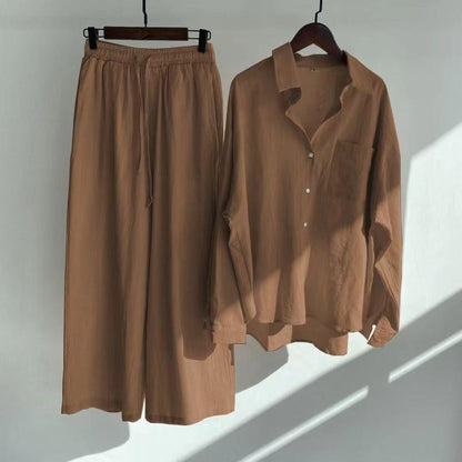 Women's Linen Blend Two Piece Set Oversized Button Down Shirt and Wide Leg Pants Relaxed Casual Matching Outfit