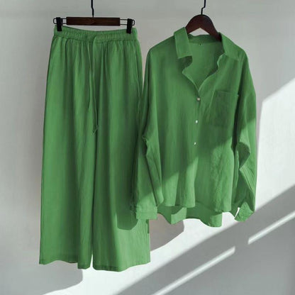 Women's Linen Blend Two Piece Set Oversized Button Down Shirt and Wide Leg Pants Relaxed Casual Matching Outfit