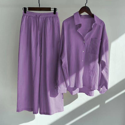Women's Linen Blend Two Piece Set Oversized Button Down Shirt and Wide Leg Pants Relaxed Casual Matching Outfit