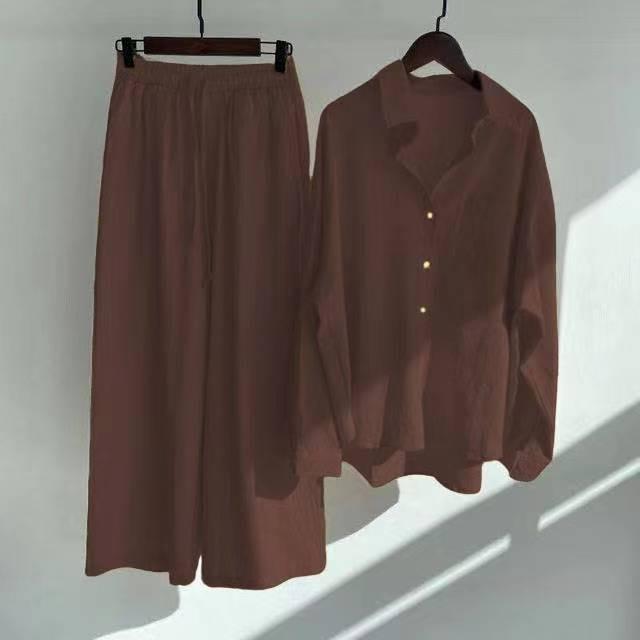 Women's Linen Blend Two Piece Set Oversized Button Down Shirt and Wide Leg Pants Relaxed Casual Matching Outfit - Seldom Seen Styles