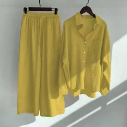 Women's Linen Blend Two Piece Set Oversized Button Down Shirt and Wide Leg Pants Relaxed Casual Matching Outfit