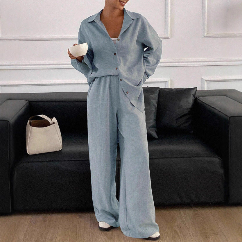 Women's Linen Blend Two Piece Set Oversized Button Down Shirt and Wide Leg Pants Relaxed Matching Outfit