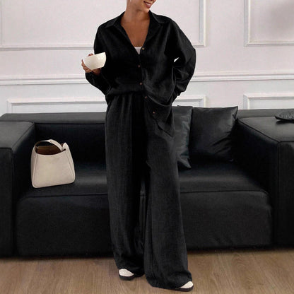 Women's Linen Blend Two Piece Set Oversized Button Down Shirt and Wide Leg Pants Relaxed Matching Outfit