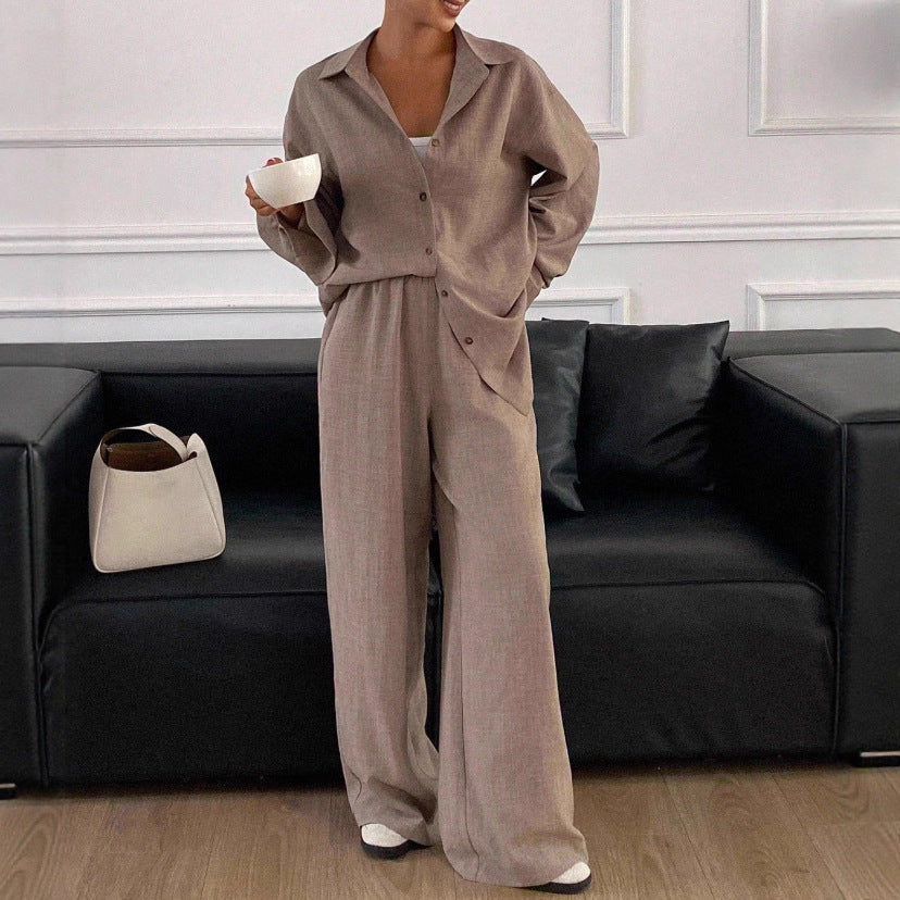 Women's Linen Blend Two Piece Set Oversized Button Down Shirt and Wide Leg Pants Relaxed Matching Outfit