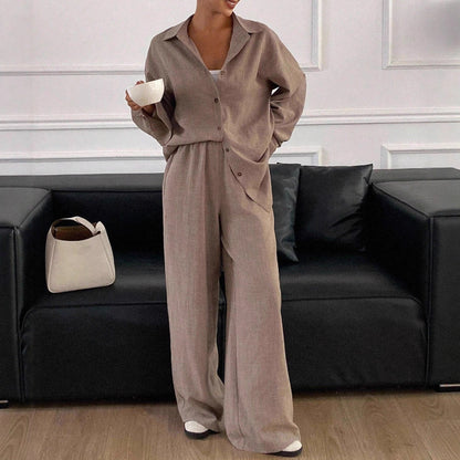 Women's Linen Blend Two Piece Set Oversized Button Down Shirt and Wide Leg Pants Relaxed Matching Outfit