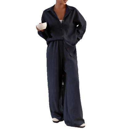 Women's Linen Blend Two Piece Set Oversized Button Down Shirt and Wide Leg Pants Relaxed Matching Outfit