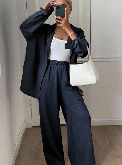 Women's Linen Blend Two Piece Set Oversized Button Down Shirt and Wide Leg Pants Relaxed Matching Outfit