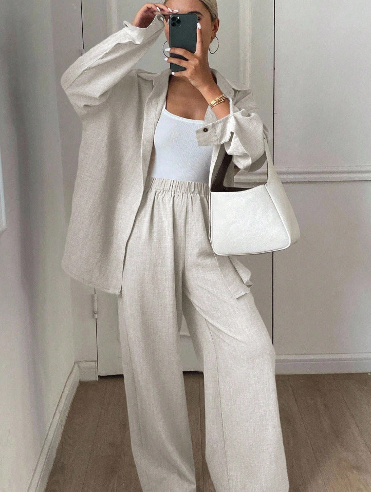 Women's Linen Blend Two Piece Set Oversized Button Down Shirt and Wide Leg Pants Relaxed Matching Outfit