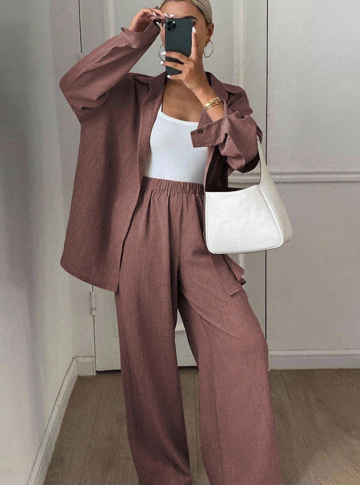 Women's Linen Blend Two Piece Set Oversized Button Down Shirt and Wide Leg Pants Relaxed Matching Outfit