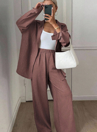 Women's Linen Blend Two Piece Set Oversized Button Down Shirt and Wide Leg Pants Relaxed Matching Outfit