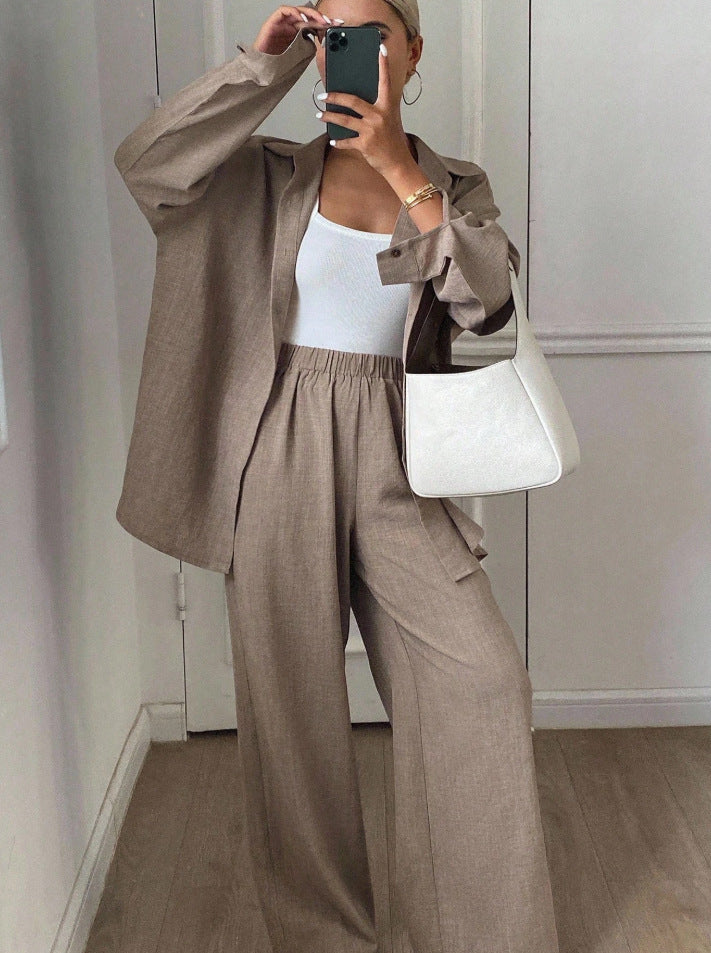 Women's Linen Blend Two Piece Set Oversized Button Down Shirt and Wide Leg Pants Relaxed Matching Outfit