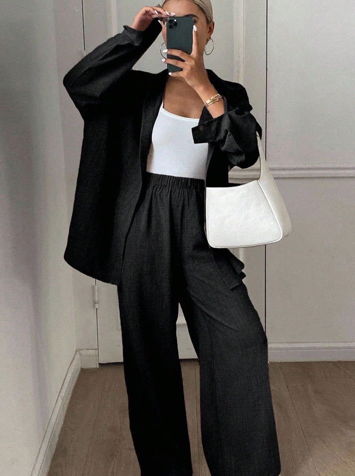 Women's Linen Blend Two Piece Set Oversized Button Down Shirt and Wide Leg Pants Relaxed Matching Outfit