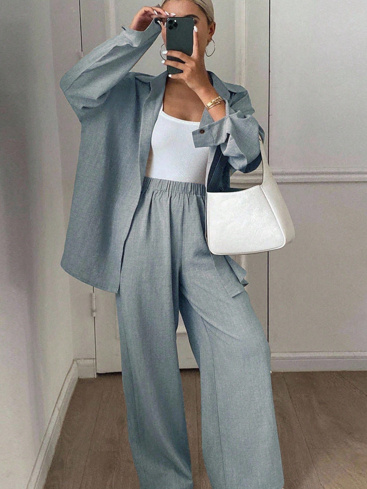 Women's Linen Blend Two Piece Set Oversized Button Down Shirt and Wide Leg Pants Relaxed Matching Outfit