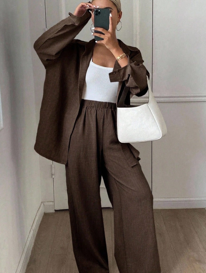 Women's Linen Blend Two Piece Set Oversized Button Down Shirt and Wide Leg Pants Relaxed Matching Outfit