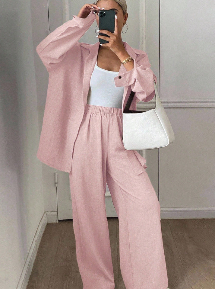 Women's Linen Blend Two Piece Set Oversized Button Down Shirt and Wide Leg Pants Relaxed Matching Outfit