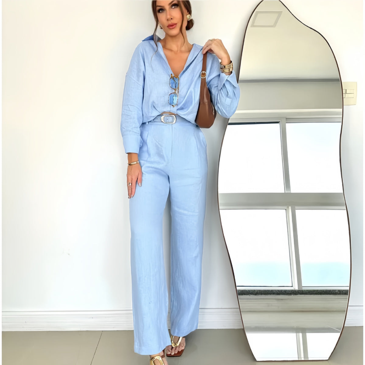 Women's Linen Blend Two Piece Set Relaxed Button Down Shirt and Wide Leg Pants Effortless Matching Outfit