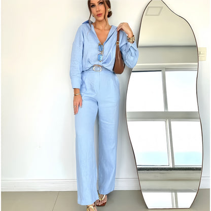 Women's Linen Blend Two Piece Set Relaxed Button Down Shirt and Wide Leg Pants Effortless Matching Outfit