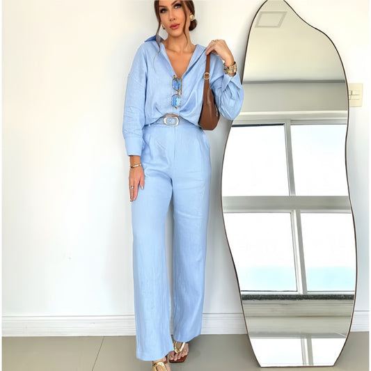 Women's Linen Blend Two Piece Set Relaxed Button Down Shirt and Wide Leg Pants Effortless Matching Outfit - Seldom Seen Styles
