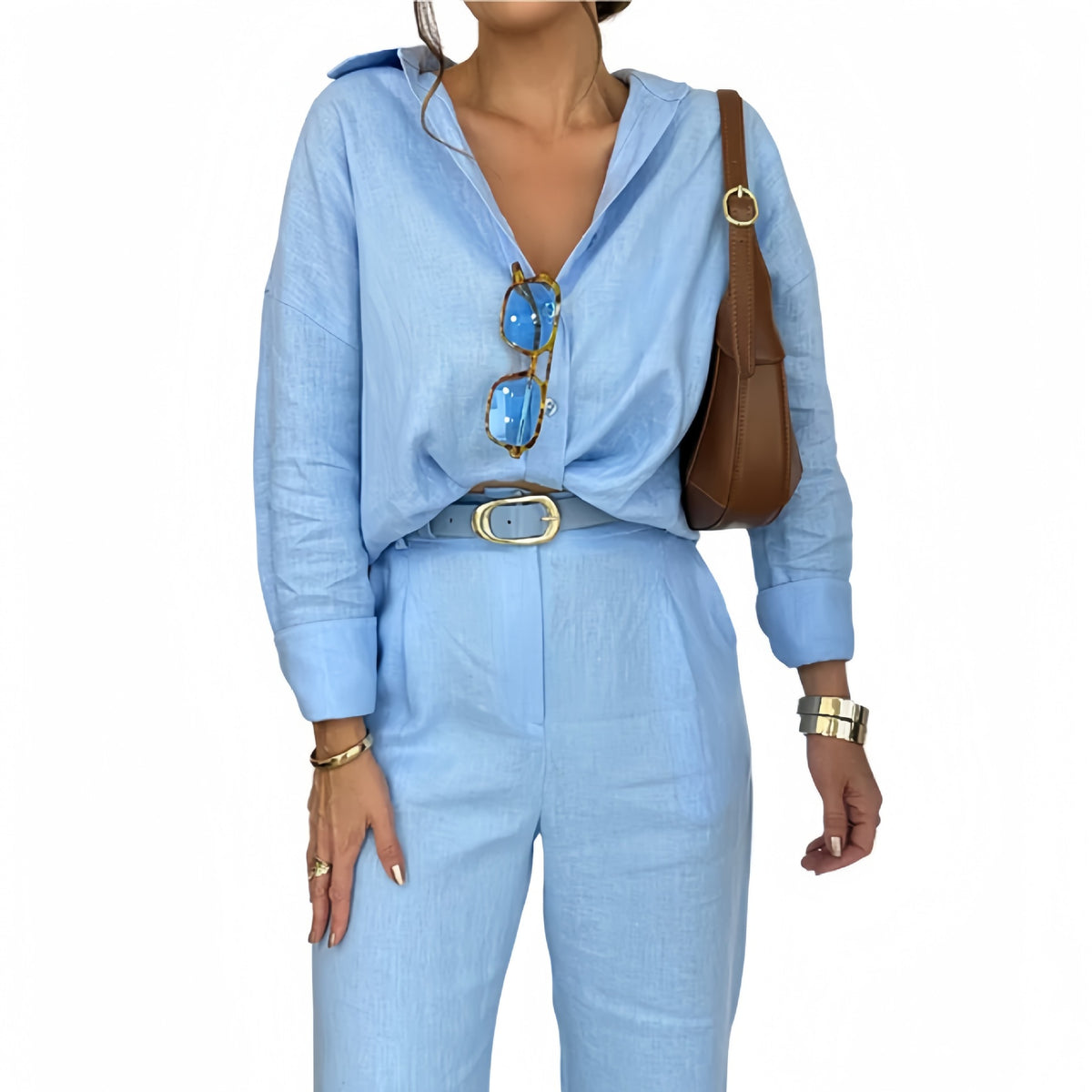 Women's Linen Blend Two Piece Set Relaxed Button Down Shirt and Wide Leg Pants Effortless Matching Outfit