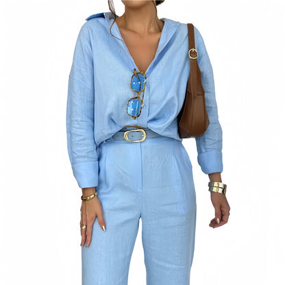 Women's Linen Blend Two Piece Set Relaxed Button Down Shirt and Wide Leg Pants Effortless Matching Outfit