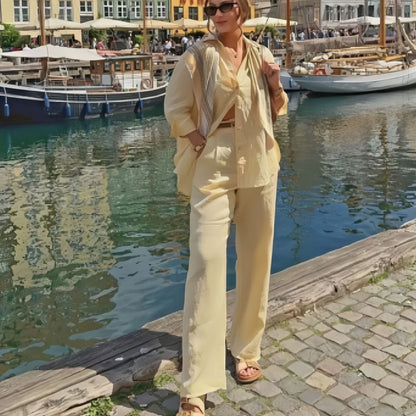 Women's Linen Blend Two Piece Set Relaxed Button Down Shirt and Wide Leg Pants Effortless Matching Outfit