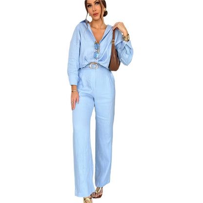 Women's Linen Blend Two Piece Set Relaxed Button Down Shirt and Wide Leg Pants Effortless Matching Outfit