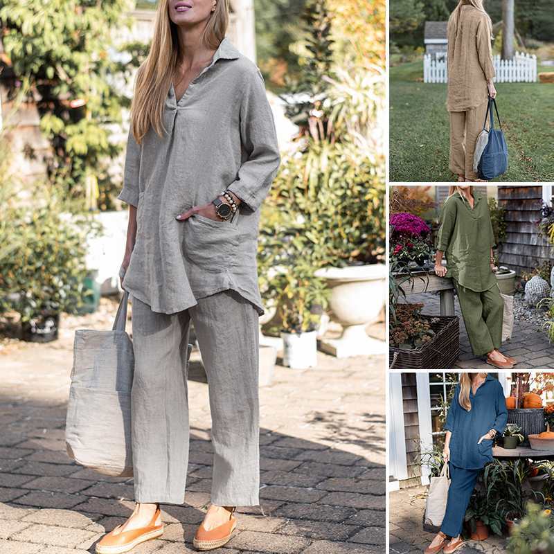 Women's Linen Blend Two Piece Set Relaxed Collared Shirt and Wide Leg Pants Casual Matching Outfit