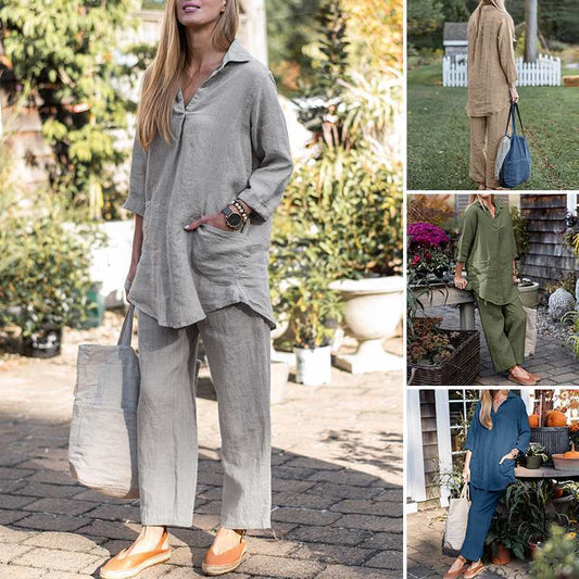 Women's Linen Blend Two Piece Set Relaxed Collared Shirt and Wide Leg Pants Casual Matching Outfit - Seldom Seen Styles