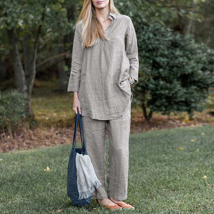 Women's Linen Blend Two Piece Set Relaxed Collared Shirt and Wide Leg Pants Casual Matching Outfit