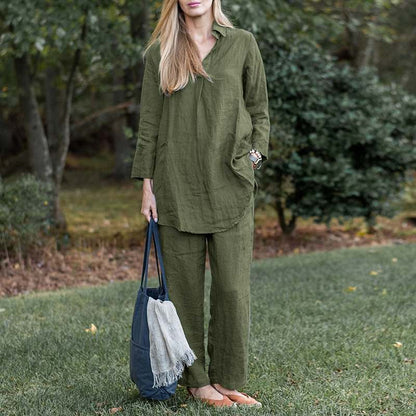 Women's Linen Blend Two Piece Set Relaxed Collared Shirt and Wide Leg Pants Casual Matching Outfit