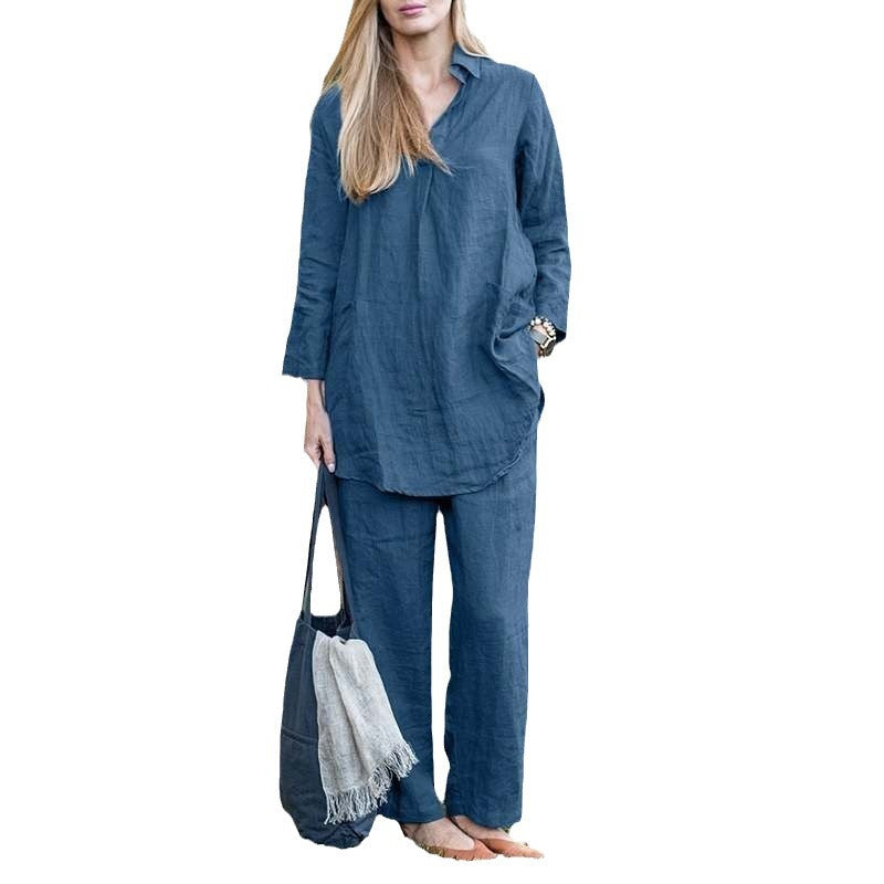 Women's Linen Blend Two Piece Set Relaxed Collared Shirt and Wide Leg Pants Casual Matching Outfit